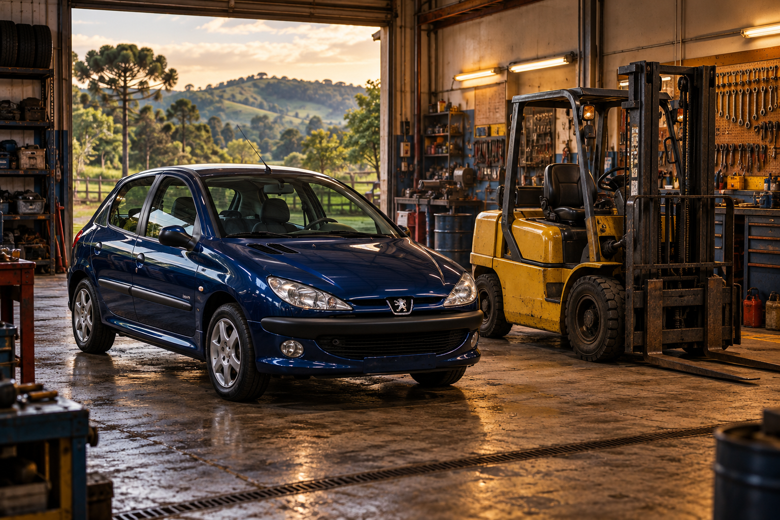 Um Peugeot 206 azul e uma empilhadeira amarela dividem espaço em uma garagem iluminada.